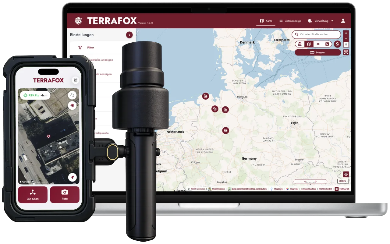 TERRAFOX app with RTK antenna and the web portal on a laptop