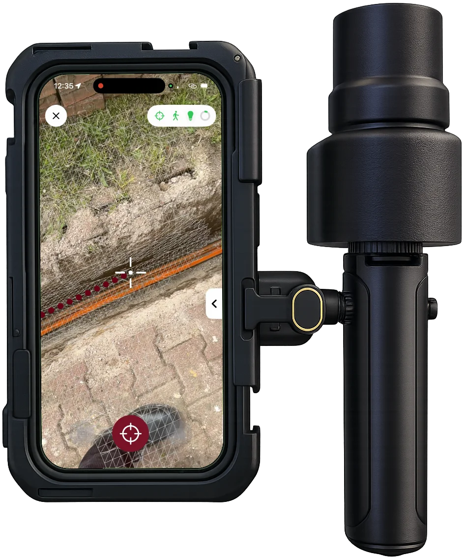 TERRAFOX app on an iPhone with RTK antenna during a 3D scan of a cable route